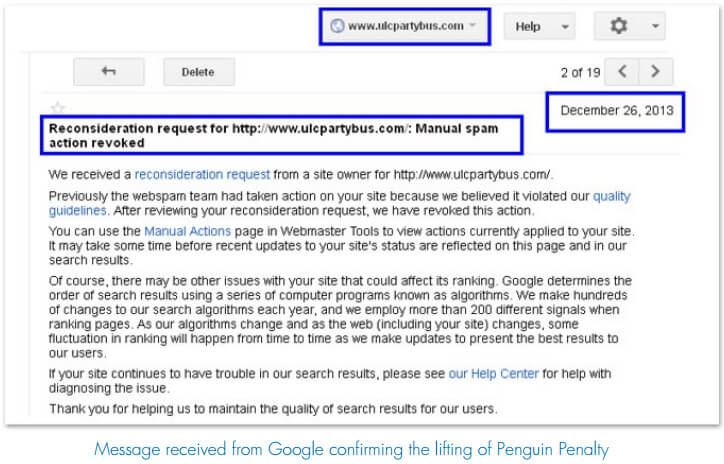 Message received from Google confirming the lifting of Penguin Penalty