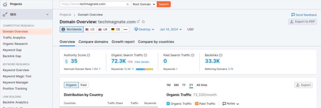 website's performance by Semrush