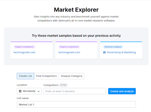 Semrush’s tool for quick market research