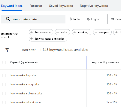 Typing keywords in the search bar